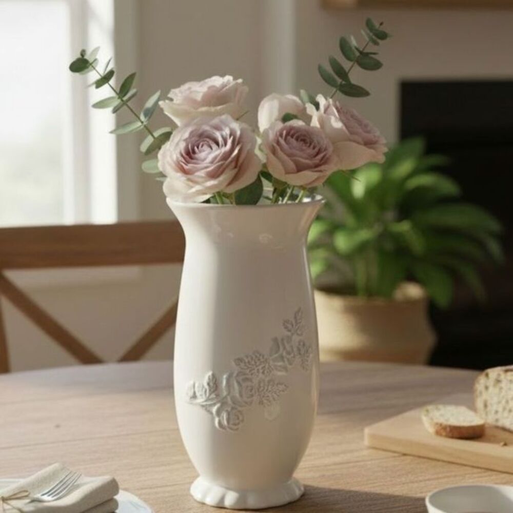 White Ceramic Vase Embossed Floral Pedestal Base Classic Decor 9 Inch